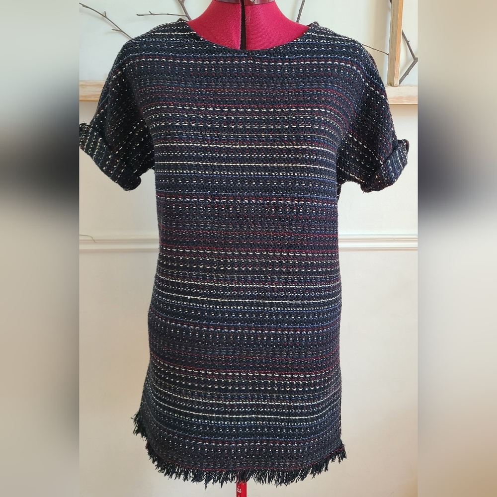 ZARA Black Tweed Mini Dress with Fringe Hem And Full Back Zipper - Small